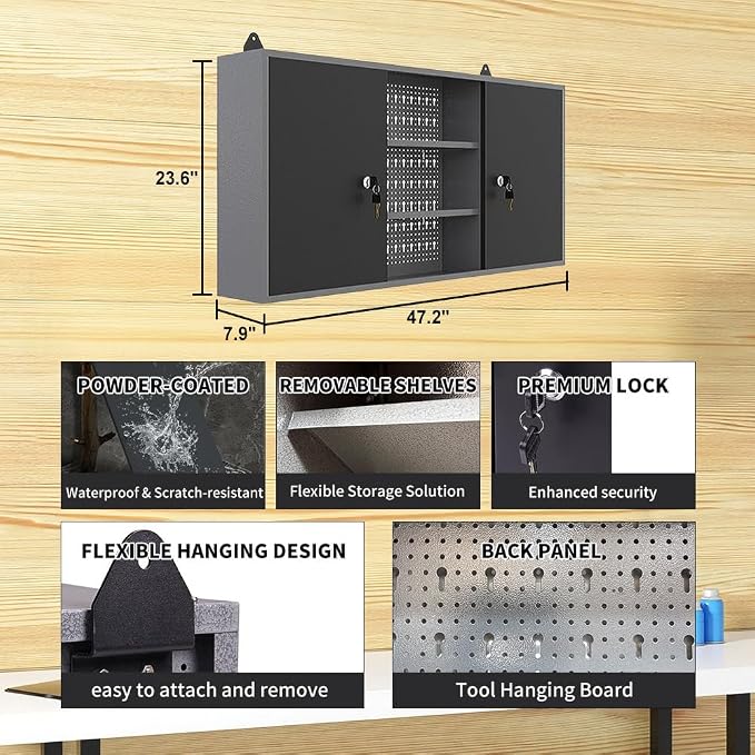 Large Steel Hanging Cabinets, Wall Mounted Chest with Lockable Doors for Garage Basement Utility Room