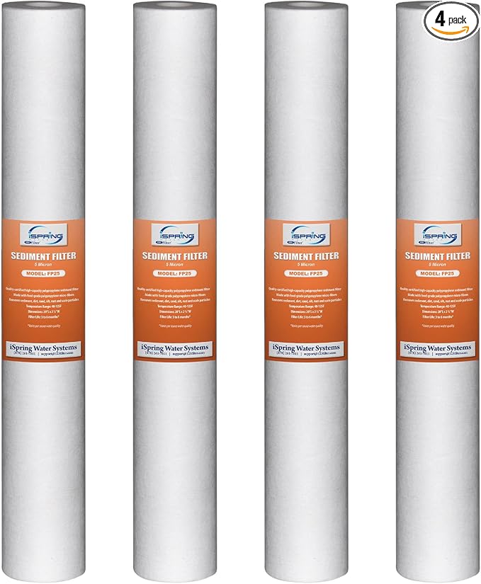 iSpring FP25X4 High Capacity 20” x 2.5” Water Replacement Cartridges Fine Sediment Filter, 5 Micron, 4 pieces, White, 4 Piece