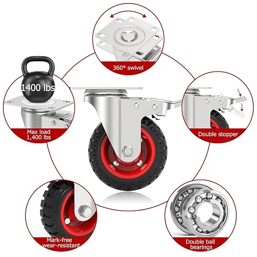 4 Inch Caster Wheels Heavy Duty with Dual-Lock Safety Brake and Rubber Tire Wheels, Heavy Duty - 300 Lbs Per Caster for Workbench, Trolley, Cabinet, Swivel Rubber Wheel 4-Packs with mounting Hardware