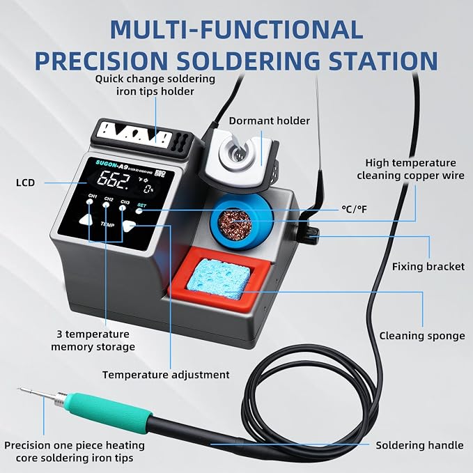 SUGON A9 210 Precision Soldering Stations 120W， LCD Display Digital Soldering Iron Kit,2 Seconds Fast Heating up 716℉, 3 Temperature Storage,212℉-842℉, ℃/℉,ESD,Quick Change Soldering Iron Tips Holder