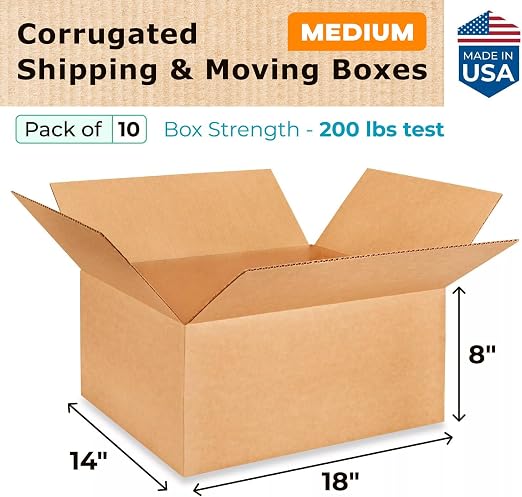 Medium Shipping & Moving Boxes 18x14x8 inches (10-Pack) - Extra Strength 200 lb vs Regular - USA-Made Corrugated Boxes for Packaging - Packing and Moving Box - Square Box by IDL Packaging