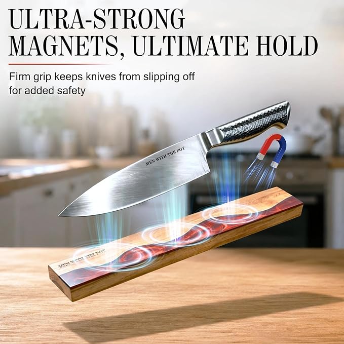 MEN WITH THE POT Magnetic Knife Strips, 16 Inch Magnetic Knife Holder for Fridge Wall, Acacia Wood & Red Resin Knife Magnetic Strip Use as Knife Bar, Knife Holder for Kitchen Utensil Organizer