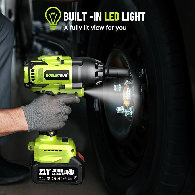 Robustrue Cordless Impact Wrench, 885Ft-lbs (1200N.m) 1/2" Brushless Impact Gun, 21V High Torque Power Impact Driver, 2x4.0Ah Batteries Electric Impact Motor Variable Speeds for Car/Truck RV/Mower