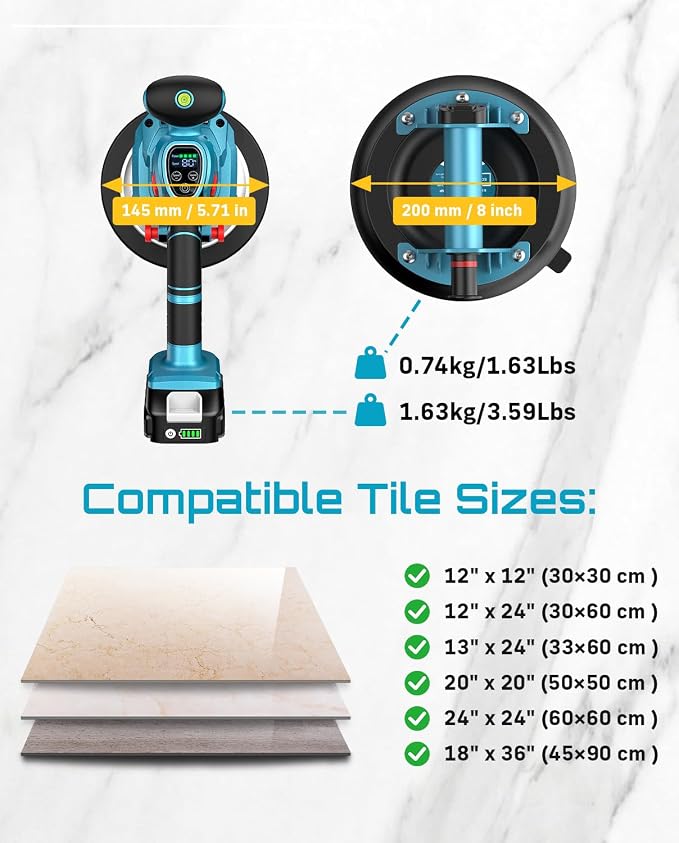Tile Vibration Tool with 8" Suction Cup Kit for Laying and Lifting Tile | 145mm Tile Vibrator, 10 Speeds, 18000 r/min, 2 x 2000mAh Batteries, 220/450 lb Suction, For 6-48 in Floor and Wall Tiles