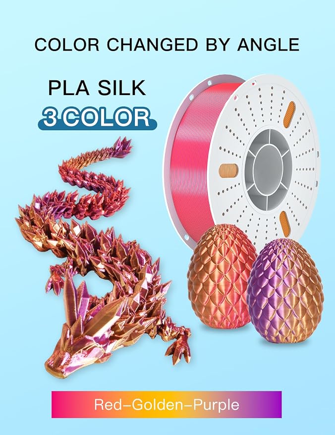 PINBALL Silk PLA 3D Printer Filament 1.75mm Shiny Silk Tricolor Filament 3D Printing PLA Filament Dimensional Accuracy +/- 0.02mm 1 KG Silk Golden-Purple-Red
