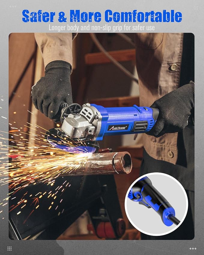 AVID POWER Angle Grinder 4-1/2 Inch 8.0 Amp 1000W Electric Grinder Tool 7-Variable-Speed Metal Grinder, 11,500 RPM, Paddle Switch with Lock-on Button, Cutting & Grinding Wheels and Side Handle - Blue