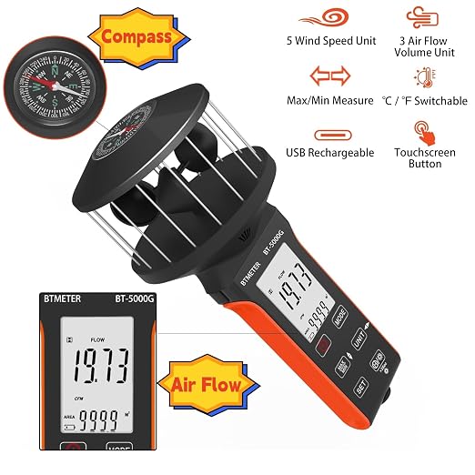 BTMETER Cup Anemometer - Handheld Airflow Meter BT-5000G Wind Speed Meter with LCD Backlight, Max/Avg/Current Mode to Measure CFM Air Flow Velocity Volume & Wind Temp for HVAC Sailing Drone Golf