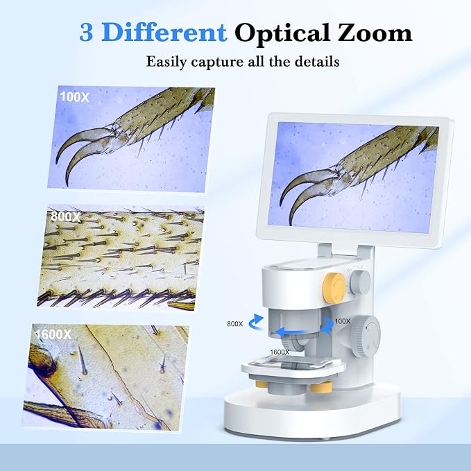 T1 Biological Digital Microscope with 9" IPS Touchscreen, 1600X Optical Objective Lenses, STEM Kids Microscope,Windows/Mac Compatible