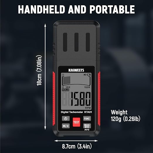 KAIWEETS Non Contact RPM Tachometer with Reflection Tape, 10-99999 RPM High Accuracy Laser Digital Tachometer with Large LCD, RPM Meter with Backlight, Data Hold, and Max/Min/AVG Function