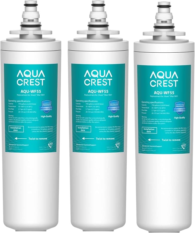 AQUACREST 9601 Water Filter, Model No.AQU-WF55. Replacement for Moen 9601 ChoiceFlo 9600, 9602, 9500, 9501, 9502, Fits F87400, F7400, F87200, 77200, CAF87254, S5500 Series of Moen Faucets