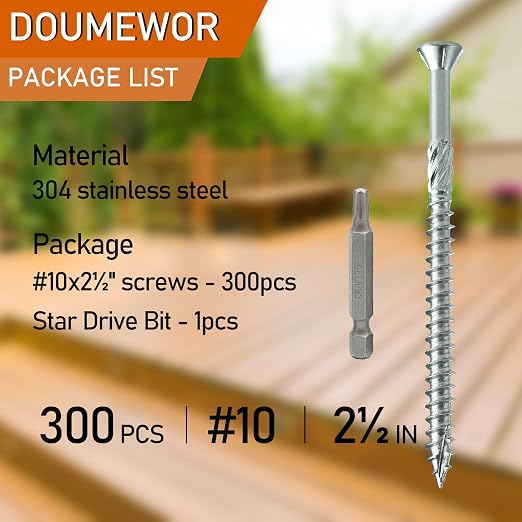 300pcs 304 Stainless Steel Deck Screws #10 x 2-1/2'' with Star Torx Drive Flat Head | Exterior Wood Structural Screws 2-1/2 Inch Rust Resistant Corrosion Resistance