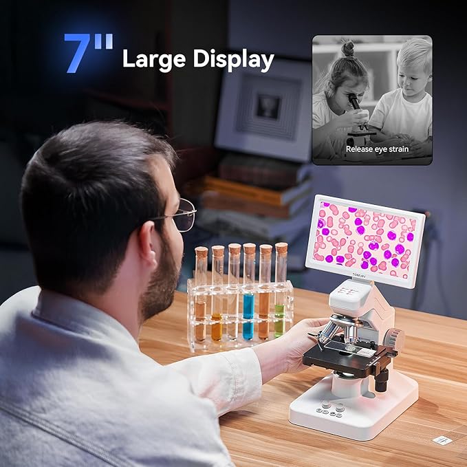 TOMLOV DM301 Max Microscope for Kids Students Adults with X-Y Stage, Digital Microscope Camera with 7" Screen, TV & PC Display, Wireless Biological Lab Scope for School Home Education with Slides
