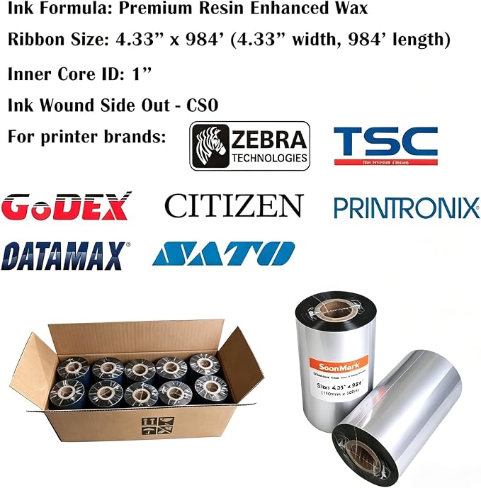 4.33" x 984' Premium Resin Enhanced Wax Ribbon110mm X 300m Thermal Transfer Wax Resin Ribbon,Barcode Thermal Label Printer Ribbon,1'' Core for Zebra, TSC, GoDex, Citizen (1 Roll)