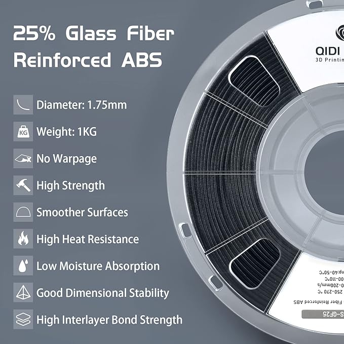 R QIDI TECHNOLOGY Glass Fiber ABS Filament 1.75mm, ABS-GF25 3D Printer Filament Fit Most FDM 3D Printers, Frosted Texture, High Hardness, High Interlayer Bond Strength, 1KG Spool, Black