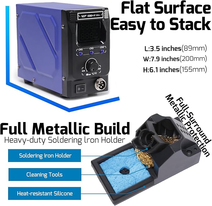 WEP 939D+IV 300W Heavy Duty Soldering Iron for Stained Glass, Larger Electronic Projects, PID Temp. Controlled LED Solder Station with 3 Quick Change Tips, Detachable Handpiece, 3 Pre-set Channels