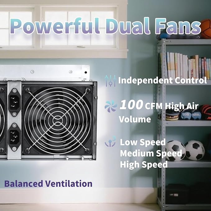 Reversible Basement Ventilation Fan with Dual 100 CFM Fans, Independent Speed Control, Smart Humidity & Timer Modes, Real-Time Display, Fresh Air Supply & Exhaust for Basement, Storeroom, Wine Cellar