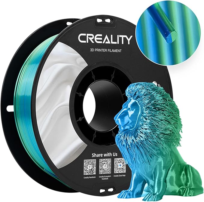 Creality Multi Color Silk PLA Filament, 3D Printer Filament 1.75mm, High Glossy and Smooth Silk Texture, Silk Shiny +/-0.02mm, 3D Printing Filament 1KG/2.2lb (Blue-Green)