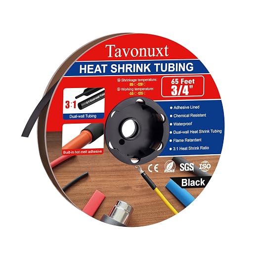 3/4" 65ft 3:1 Heat Shrink Tubing with Adhesive Lining - Marine Grade, Ideal for Home, Automotive, and Industrial Use - Black