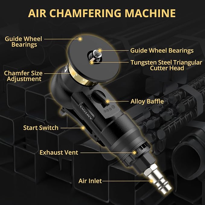 AMTOVL Pneumatic Chamfering Tool - Mini Air Chamfer Tool with 10 C-Angle & 10 R-Angle Blades, 45° 30000 RPM Chamfering Tool for Metal and Wood with 1/4" Air Inlet