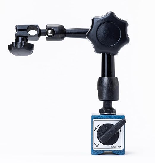 PEC Tools Mini Universal Arm Magnetic Base with Mechanical Locking System, 77lb/35kg Holding Force, Fits 6mm & 3/8" Stems & Dovetail, Compact Precision Indicator Stand
