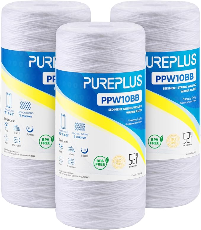 PUREPLUS 1 Micron 10 x 4.5 Whole House String Wound Sediment Filter for Well Water, Replacement Cartridge for 84637, WPX5BB97P, PC10, CW5-BBS, 355215-45, 3Pack