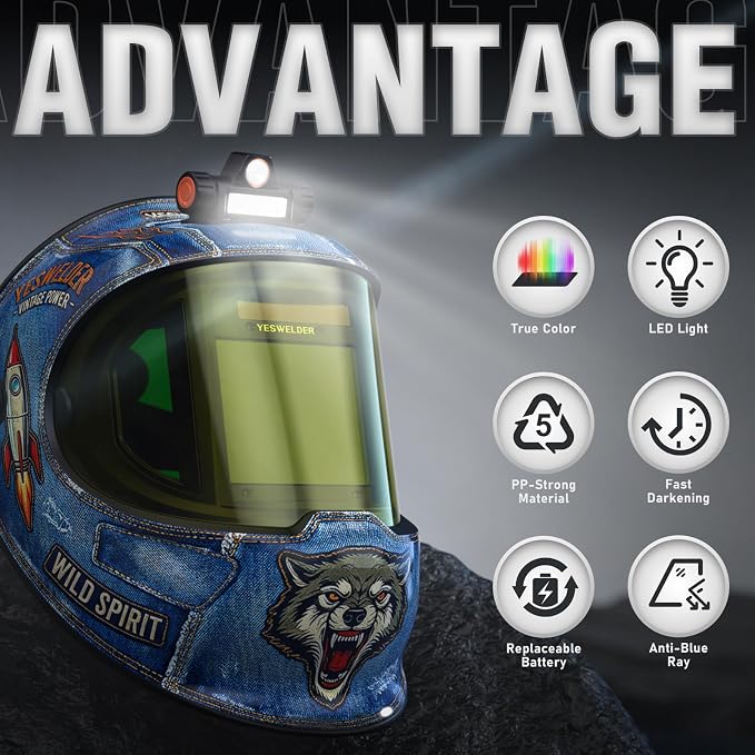 YESWELDER Auto Darkening Welding Helmet with SIDE VIEW and LED, 180° Panoramic View, 1/1/1/1 True Color Solar Powered Welder Hood, Wide Shade 3/5-9/9-13 Welder Mask for TIG MIG ARC CUT and GRIND