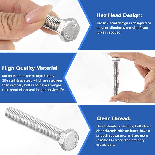 Zonon 50 Pcs 3/8-16 x 2 Hex Head Screw Bolt 18-8 (304) Stainless Steel Hexagon Bolts, Fully Threaded, Plain Finish, External Hex Drive (Silver)
