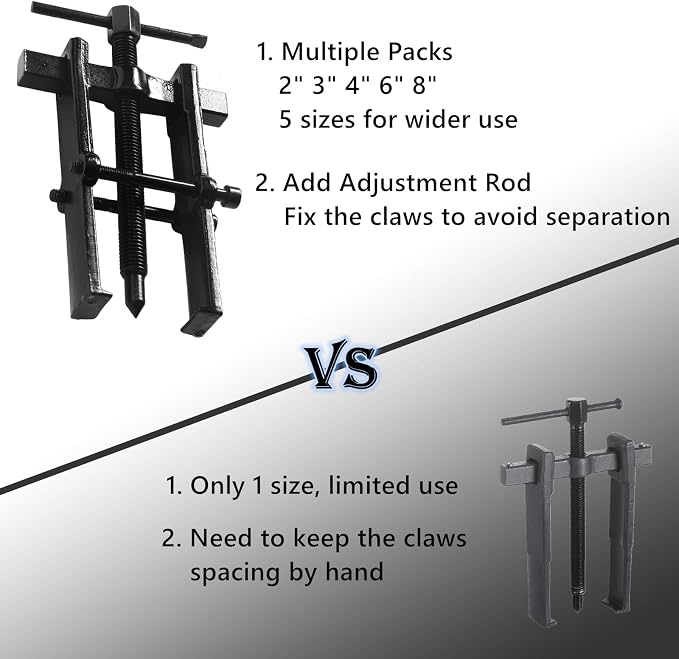 2 Jaws Bearing Puller 5-Piece Set, 2'' 3'' 4'' 6'' 8" Adjustable Two Jaw Puller Remover Tool, Carbon Steel Pump Removing Kit for Wheel, Bearings, Gears, Motorcycle