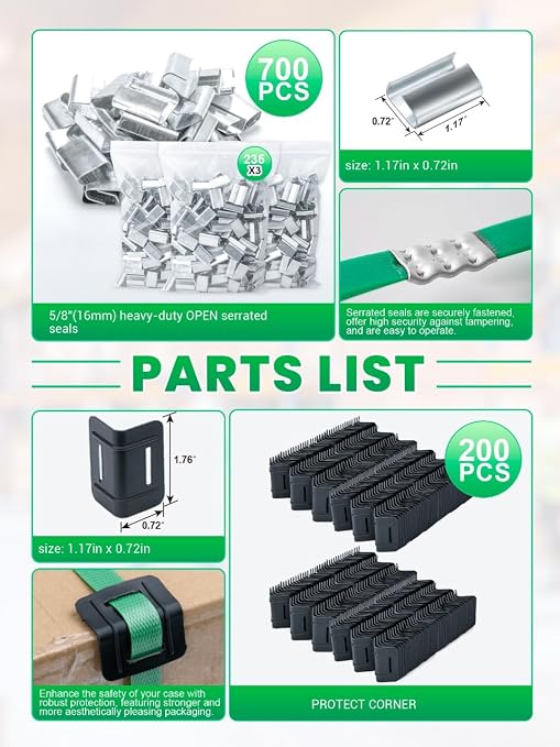 Banding Strapping Kit, Heavy Duty Pallet Packaging Kit with >1500lbs 5/8" x 2200' PET Strapping Roll, 700 Metal Seals, 200 Corner Protectors, Strapping Tensioner, Banding Sealer Tool
