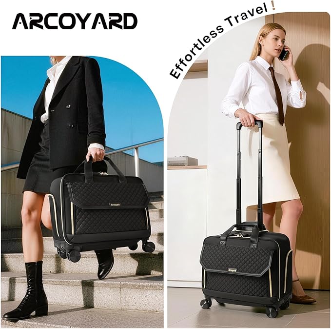 Rolling Laptop Bag for Women with 4 Spinner Wheels, 17 Inch Rolling Briefcase for Women with Lock, Waterproof Rolling Computer Bag with 11 Pockets & Padded Laptop Sleeve for Work Travel, Black