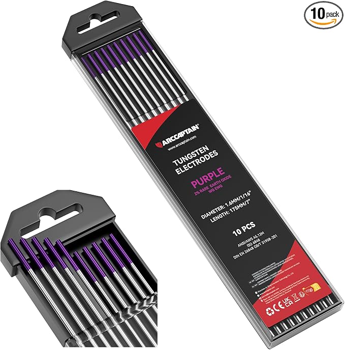 ARCCAPTAIN TIG Welding Tungsten Electrode 10-Pack 1/16"x 7"(Purple - Non-Radioactive, EWG)