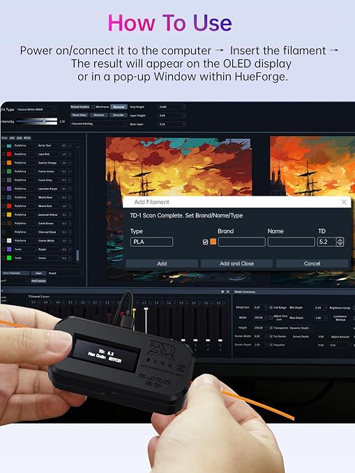 BIQU Ajax TD1s Filament Tester Sensor for Multi-Color Printing, Plug and Play, HueForge Integration, to Calculate Transmission Distance Values and Hex Color Code, Bambu-Lab Compatible