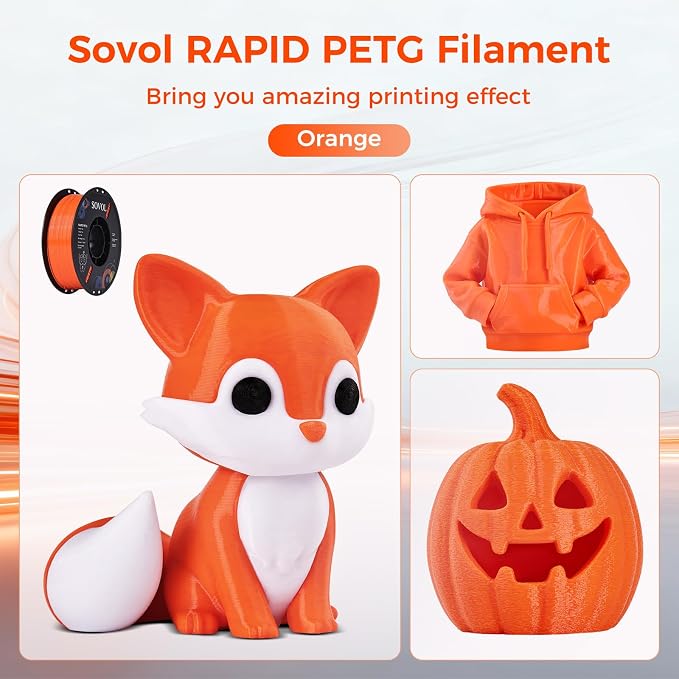 Sovol 3D Printer Rapid PETG Filament 1.75mm 1KG (2.2lbs), High Precision, Strong Toughness, Wiring Tightness, Dimensional Accuracy +/- 0.03 mm, 3D Printing High Speed PETG Filaments, Orange