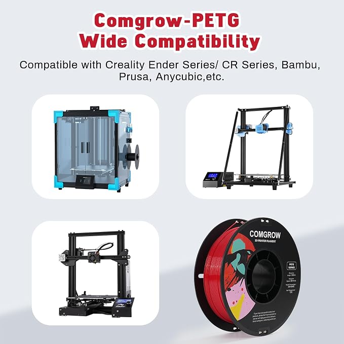 Comgrow PETG 3D Printer Filament 1.75mm, High Precision and Tough 3D Printer Filament 1kg (2.2LBS), Dimensional Accuracy +/- 0.02 mm, Fit Most 3D Printers Red