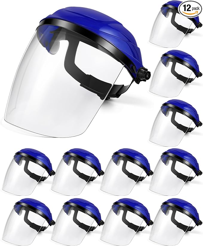 Tellegloww 12 Pack Safety Face Shield for Grinding and Cutting, Full Impact Resistant Face Shield Mask for Work Chemical Woodworking (Blue)