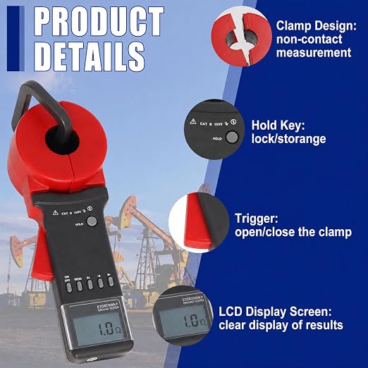 ETCR2100A+ Ground Resistance Meter Earth Tester Clamp Digital for Electric Power Telecommunications Meteorology Oil Field Architecture Industrial Electrical Equipment 0.01-200Ω NO Battery
