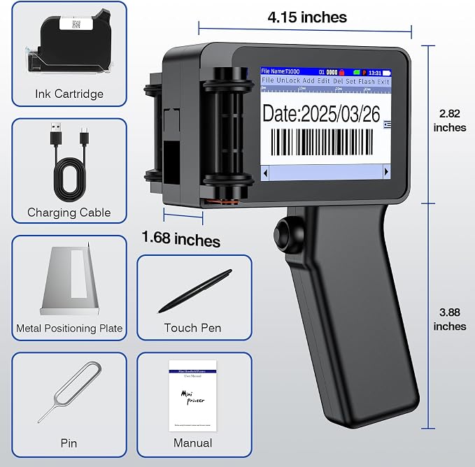 Mini Handheld Inkjet Printer Gun, Date Printer with 42ml Quick-Drying Ink Cartridge, 0.5” Nozzle Handheld Batch Code Machine for Barcode,Number,Text,QR-Code,Logo and Image on Carton Plastic Tube Metal