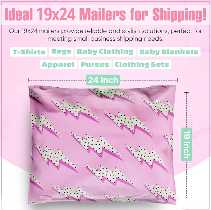 Package Mint 19x24 Poly Mailers - 50 Pack Lightning Bolt Design Poly Mailer Shipping Bags - Waterproof, Tear-Resistant, Self-Sealing Adhesive - Durable Decorative Mailing Bags for Clothes, Accessories