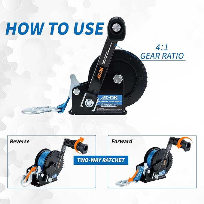 2000lbs Heavy Duty Boat Trailer Winch with 26FT Strap, 2-Way Ratchet & 4:1 Gear Trailer Winch, Portable Hand Crank Winch for Boat, Truck, Trailer, RV, ATV, Jet Ski