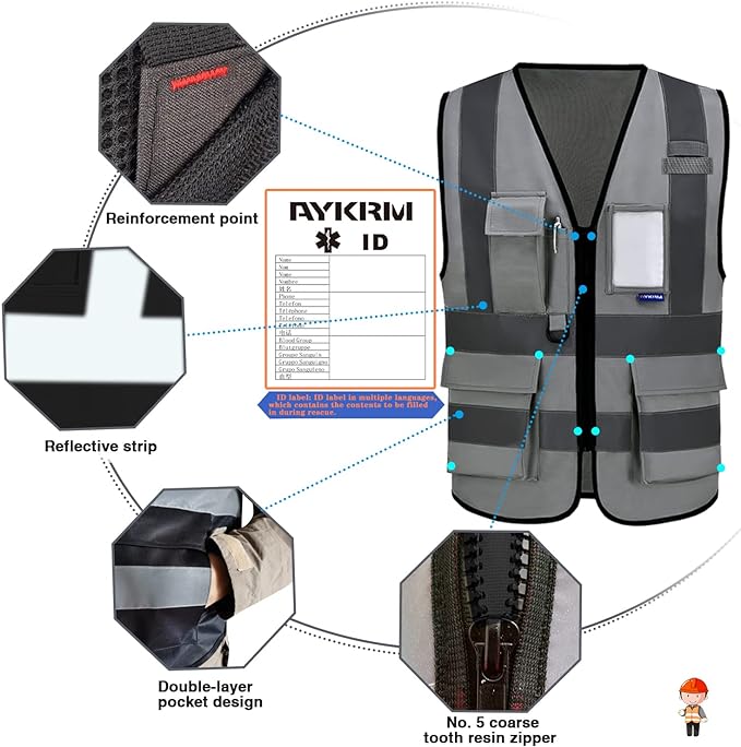 safety vest grey | Grey S safety vest with 7 pockets, reinforced zipper pockets and black front zipper for site visitors; unisex workwear.
