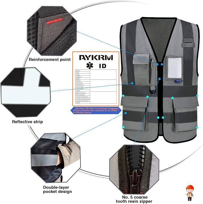 A-SAFETY grey hi vis vest | Grey XL work vest with transparent ID pocket, radio mic loop and reflective strips for site visitors; for men and women.