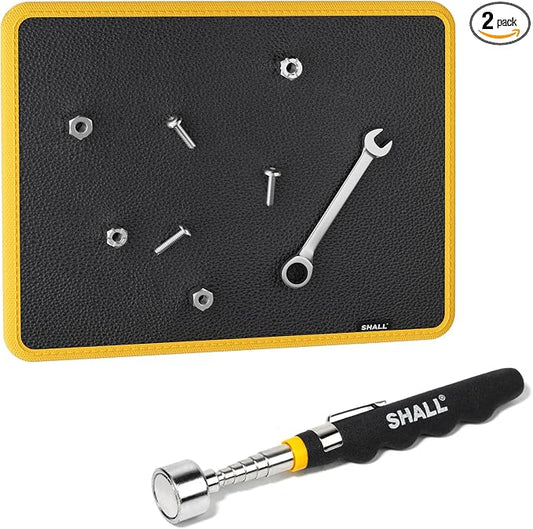 SHALL Magnetic Tool Parts Mat and Telescoping Magnetic Pickup Tool, Flexible Magnetic Tool Holder Pad W/ 83 Built-In-Magnets & 25LBS Pull Force Extendable Magnet Hold Mechanic Wrenches Screws Bolts