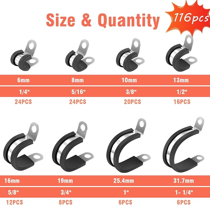 AKIHISA 116Pcs Kit 1/4"-1-1/4" 8Sizes Cable Clamps Kit, 304 Stainless Steel Conduit Clamps, for Cable, Pipe, Hose, Fuel Line, Metal Wire Cord Installation