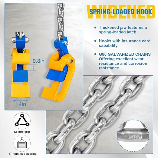 Chain Drum Lifter 2200 lbs Capacity Vertical Drum Barrel Clamp with Self-Locking Hook 1-Ton Lifter for 30-55 Gallon Drums Industrial Lift for Chemical Construction