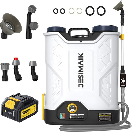 JESIMAIK Battery Powered Backpack Sprayer 4.8 Gallon, 4.0Ah Battery Electric Backpack Sprayer with Agitator, Telescopic Wand & 5 Nozzles, 120 PSI Adjustable Pressure for Weed Lawn Garden Pest Control