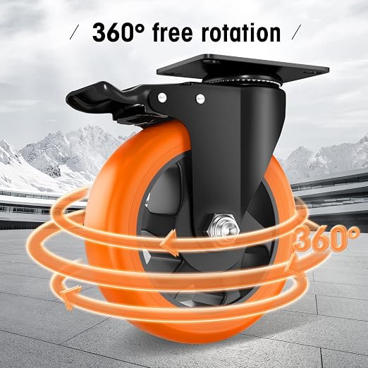5" Caster Wheels - Orange Polyurethane Swivel Wheels With Top Plate - Set of 4 Heavy Duty Locking Casters for Furniture and Workbench - With Brake