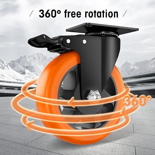 Casters, 5" Caster Wheels，Casters Set of 8 Heavy Duty - ASRINIEY Orange Polyurethane Castors, Top Plate Swivel Wheels, 8-Pack Industrial Casters with Brake, Locking Casters for Furniture and Workbench