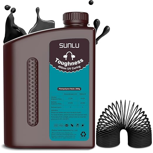 SUNLU High Toughness 3D Printer Resin 2KG, Enhanced Flexible 3D Printing Photopolymer Resin, 405nm UV Fast Curing 3D Resin for Most LCD DLP SLA Resin 3D Printers, Bendable and not Brittle, 2000g Black