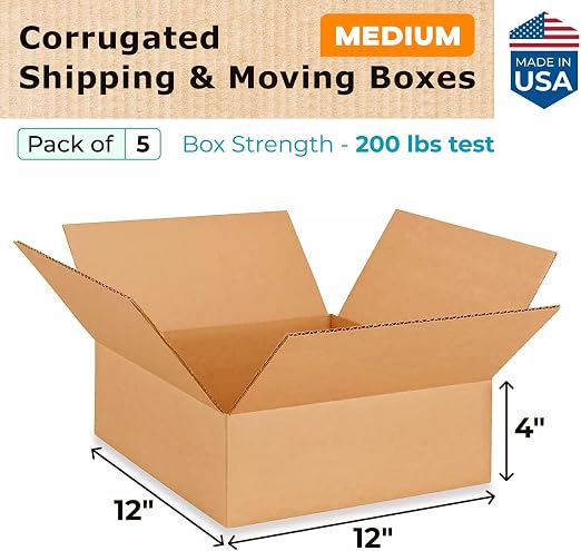 Medium Moving & Shipping Boxes 12 x 12 x 4 inches (5-Pack) - Extra Strength 200 lb vs Regular - USA-Made Corrugated Durable Packaging Boxes - Cardboard Packing Box by IDL Packaging, brown