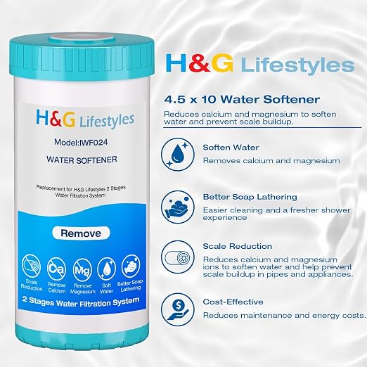 H&G Lifestyles Whole House Water Softener Filter Cartridge Replacement | Calcium Inhibitor Water Filter, Anti-Scale Filter, Fits Any Standard 10" x 4.5" Water Filter System